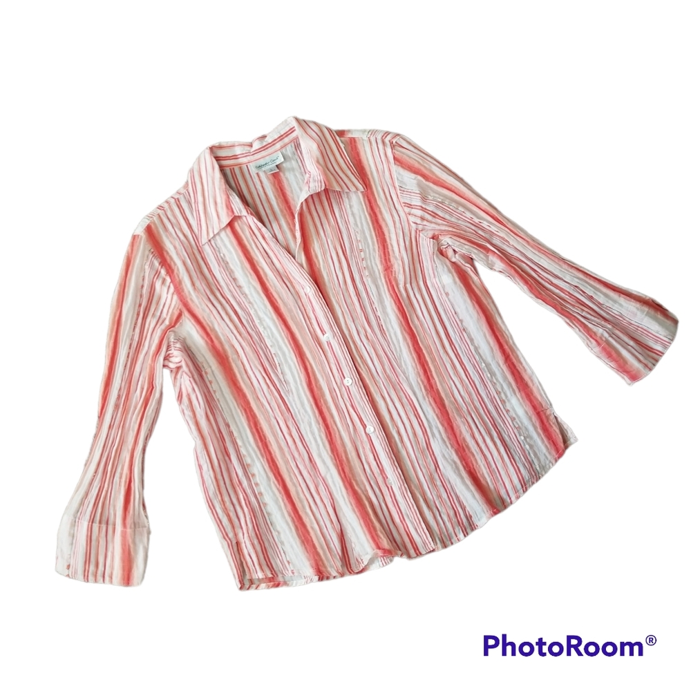 Coldwater Creek Crinckle Orange Striped 3/4 Sleeve Button Front Women's Large